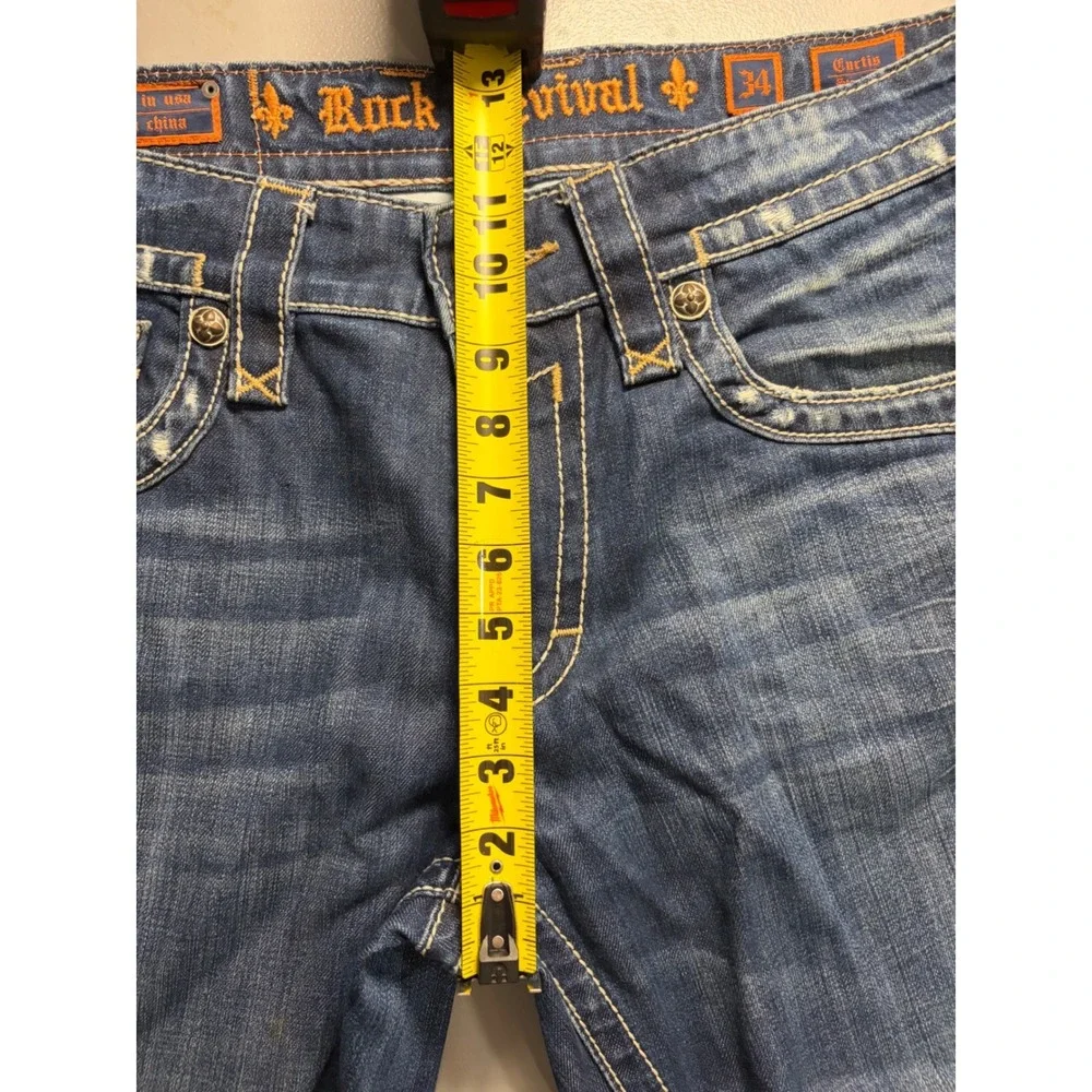 Rock Revival Curtis Straight Jeans Mens 36 Blue Distressed Thick Stitch Denim